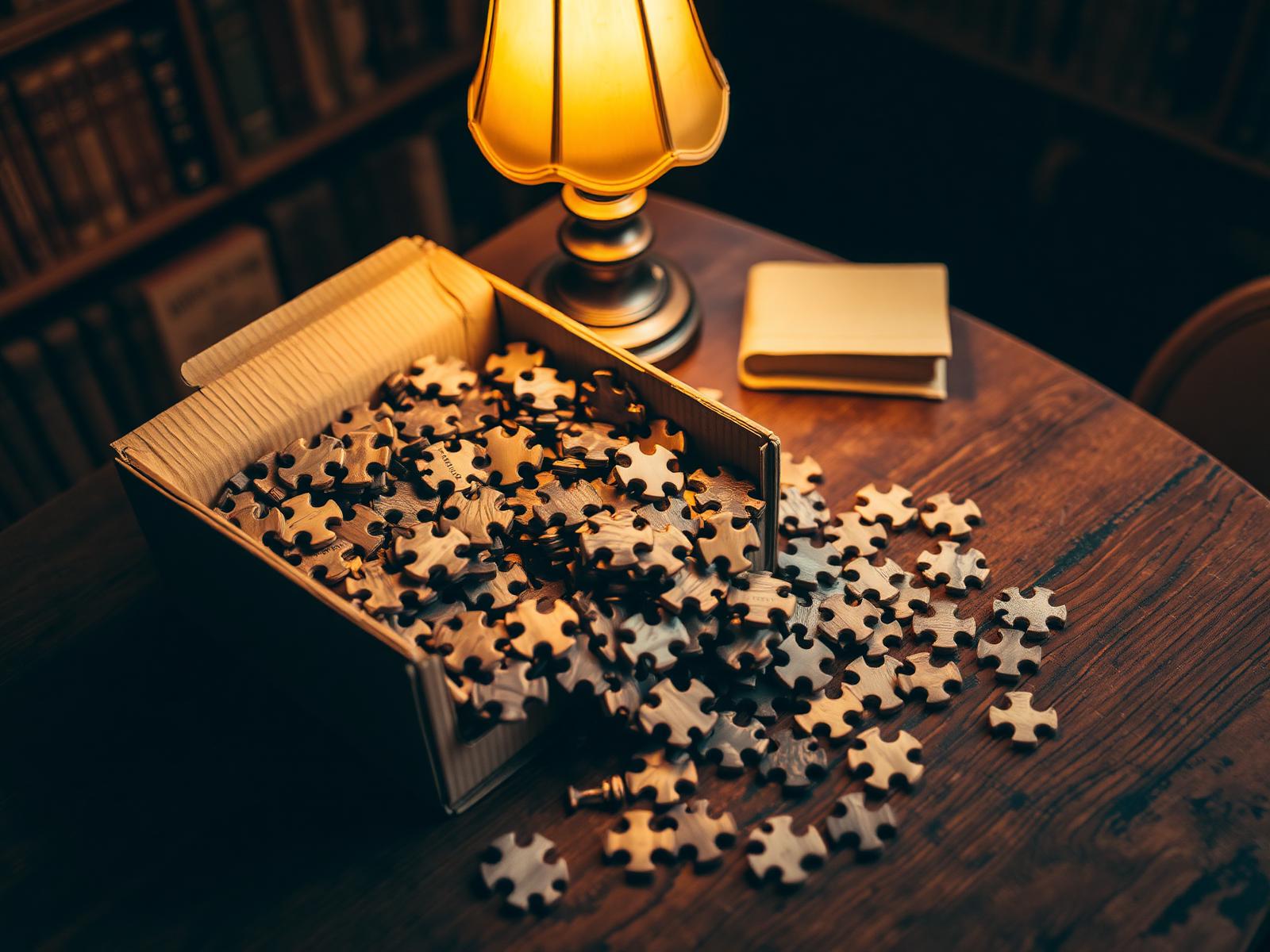 Wooden jigsaw pieces ready for their next chapter on a library table